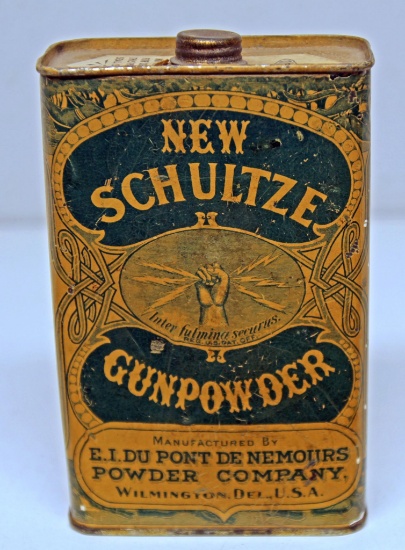 DuPont Powder Co. New Schultze Gunpowder Powder Tin, Any contents will be emptied prior to shipping