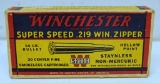 Full Vintage Box Winchester Super Speed Ammunition .219 Win. Zipper 56 gr. Hollow Point Cartridges