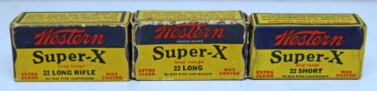 3 Different Vintage Boxes Western Super-X .22 Cartridges Ammunition - .22 Short, .22 Long, .22 LR...