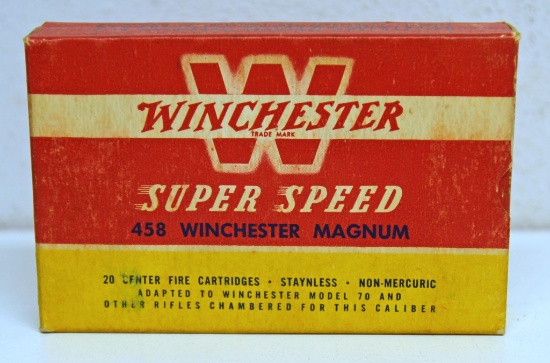 Full Vintage Box Winchester Super Speed .458 Win. Mag. 510 gr. SP Cartridges Ammunition...