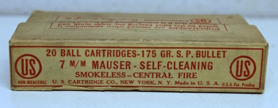 Partial Vintage Two Piece Box of 19 U.S. Cartridge Co. 7 mm Mauser 175 gr. SP Cartridges Ammunition