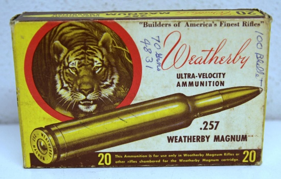 Full Vintage Weatherby Tiger Box .257 Weatherby Magnum Reloaded 100 gr. SP Cartridges Ammunition...