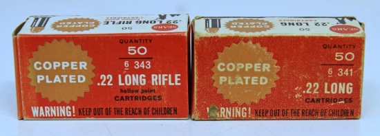 2 Different Full Vintage Boxes Sears Copper Plated .22 Cartridges Ammunition - .22 Long,, .22 LR...