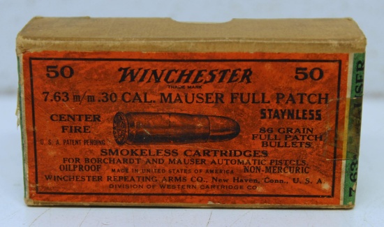 Full Vintage Two Piece Box Winchester (7.63mm) .30 Cal. Mauser Full Patch Cartridges Ammunition for