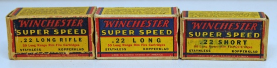 3 Different Full Vintage Boxes Winchester Super Speed .22 Cartridges Ammunition - .22 Short, .22