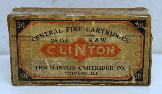 Full Vintage Two Piece Box Clinton Cartridge Co. .38 S&W Cartridges Ammunition - lots of tape on