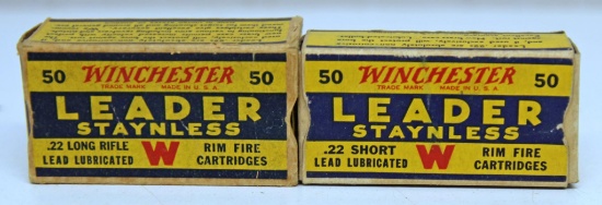 2 Different Full Vintage Boxes Winchester Leader .22 Cartridges Ammunition - .22 Short, .22 LR...