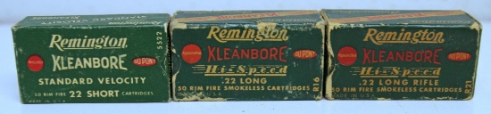 3 Full Vintage Boxes Remington .22 Cartridges Ammunition - .22 Short, .22 Long, .22 LR