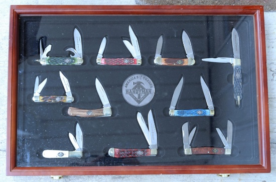 Set of 9 Pocket Knives in Wooden and Glass Display Case - America's Trades Handyman Club of America