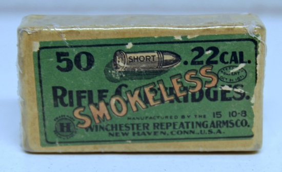 Full Vintage Sealed Two Piece Box Winchester .22 Short Cartridges Ammunition