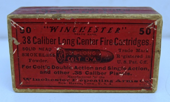 Full Vintage Sealed Two Piece Box Winchester .38 Long Colt Center Fire Cartridges Ammunition...