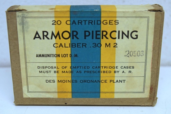 Full Box Armor Piercing Caliber .30 M2 Cartridges Ammunition, Des Moines Ordnance Plant...
