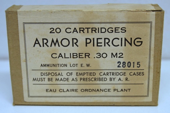 Full Box Armor Piercing Caliber .30 M2 Cartridges Ammunition, Eau Claire Ordnance Plant