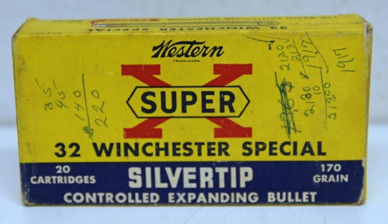 Full Vintage Box Western Super X .32 Winchester Special 170 gr. SilverTip Cartridges Ammunition -