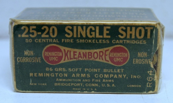 Full Vintage Remington Dog Bone Box .25-20 Single Shot Cartridges Ammunition - Box is missing end