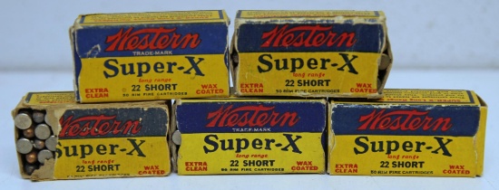 5 Full Vintage Boxes Western Super-X .22 Short Cartridges Ammunition - 3 boxes have missing end