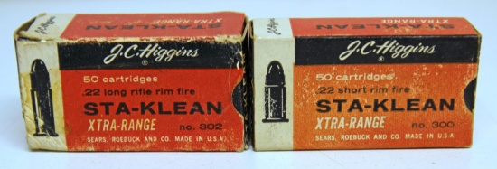 2 Different Full Vintage Boxes Sears J.C. Higgins Stay-Klean Xtra-Range .22 Cartridges Ammunition -
