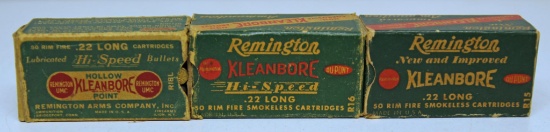 3 Different Full Vintage Boxes Remington .22 Long Cartridges Ammunition - 1 box missing end flap...