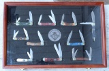 Set of 9 Pocket Knives in Wooden and Glass Display Case - America's Trades Handyman Club of America