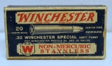 Full Vintage Box Winchester .32 Winchester Special Cartridges Ammunition - Box has one loose end