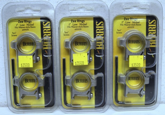 3 New Sets Burris Zee Rings 1" Low Nickel Scope Rings fits Weaver Style Bases...
