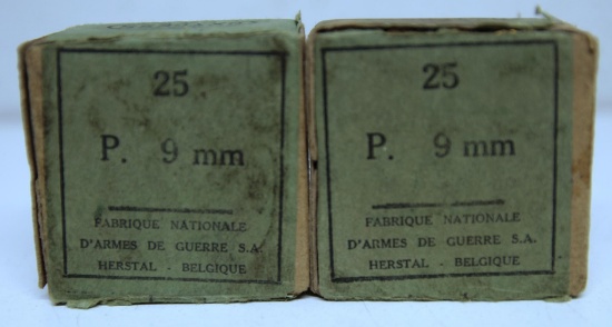 2 Old Sealed Boxes of 25...Fabrique Nationale Herstal...9 mm Cartridges Ammunition...