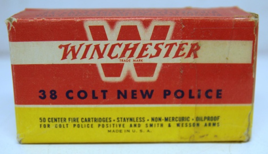 Full Vintage Box Winchester .38 Colt New Police Cartridges Ammunition - box has tape