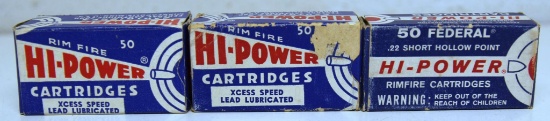 3 Different Full Vintage Boxes Federal Hi-Power Cartridges Ammunition - .22 LR, .22 Long, .22