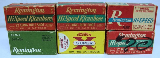 6 Full Different Vintage Boxes .22 LR Shot Cartridges Ammunition - 5 Mixed Remington, 1 Western