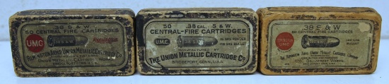 3 Vintage Two Piece Boxes...Remington UMC .38 S&W Cartridges Ammunition - 1 Full Box, 1 Box of 24, 1
