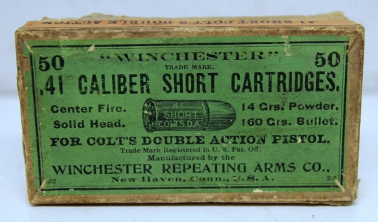 Partial Vintage Two Piece Box of 18 Winchester .41 Cal. Short Cartridges Ammunition for Colt's
