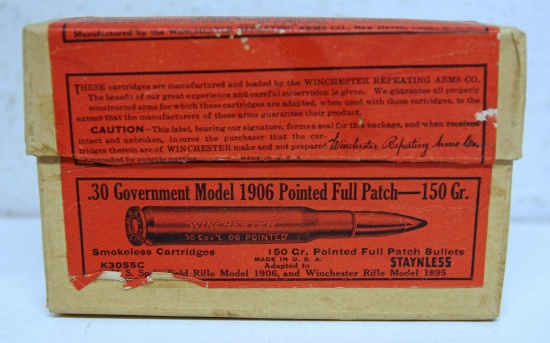 Full Vintage Two Piece Box Winchester .30 Gov't Model 1906 Pointed Full Patch Cartridges Ammunition.