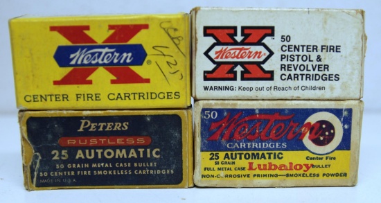 Full Vintage Box Peters .25 Automatic, 3 Different Partial Boxes Western .25 Auto Cartridges