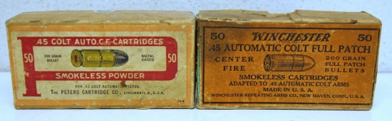 Partial Vintage Two Piece Box of 34 Peters .45 Colt Auto and Partial Vintage Two Piece Box of 6