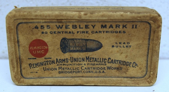Partial Vintage Two Piece Box of 10 Remington UMC .455 Webley Mark II Cartridges Ammunition...