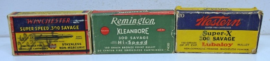 3 Partial Vintage Boxes .300 Savage Cartridges Ammunition - Remington 19 Rds., Western Super X 19