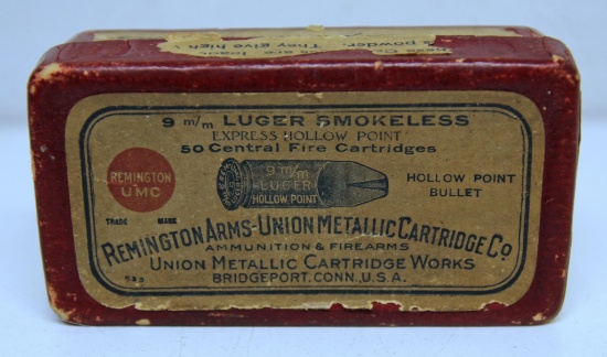 Vintage Partial Two Piece Box 43 Rds. Remington UMC 9 mm Luger Hollow Point Cartridges Ammunition...