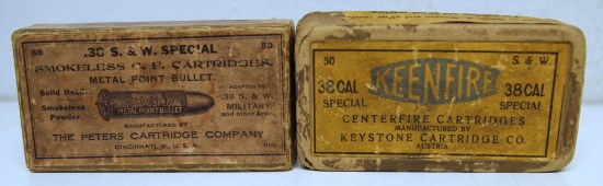 2 Partial Vintage Two Piece Boxes .38 S&W Special Cartridges Ammunition - Peters 37 Rds., Keystone