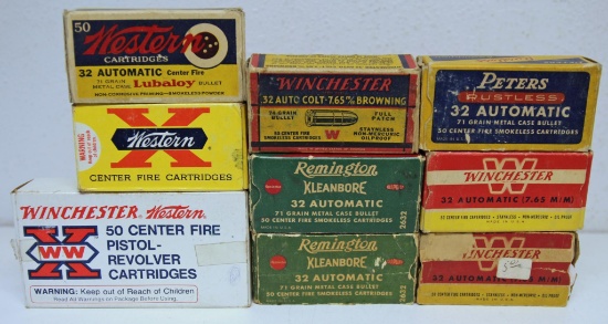 9 Different Vintage Boxes .32 Auto Cartridges Ammunition - Peters 12 Rds., Western 37 Rds.,