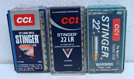 3 Different Full Plastic Boxes of 50 CCI .22 LR Stingers Cartridges Ammunition...