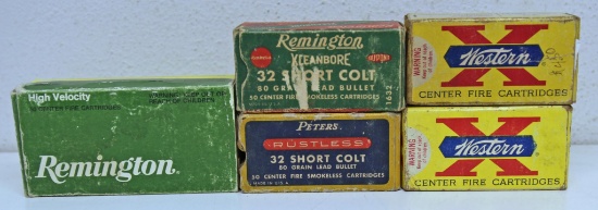 5 Different Mostly Vintage Boxes 32 Short Colt Cartridges Ammunition - Peters 49 Rds., Remington