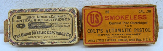 2 Partial Vintage Two Piece Boxes of 34 Rds. Each UMC and U.S. Cartridge Co. .38 Cal. Automatic Colt