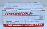 Full 100 Round Box Winchester 9 mm Luger 115 gr. FMJ Target Cartridges Ammunition...
