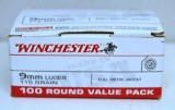 Full 100 Round Box Winchester 9 mm Luger 115 gr. FMJ Target Cartridges Ammunition...