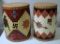 Two Contemporary Native American Indian Painted Drum Footstools, Hand Tooled Leather on Tops and