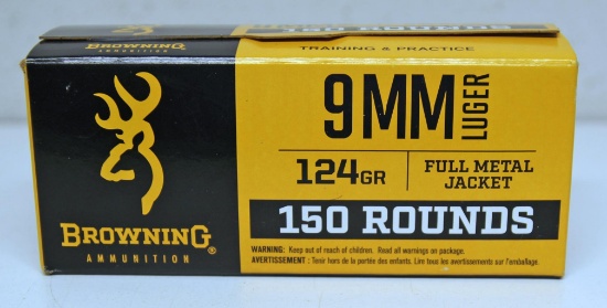 Full 150 Round Box Browning 9 mm Luger 124 gr. FMJ Cartridges Ammunition...
