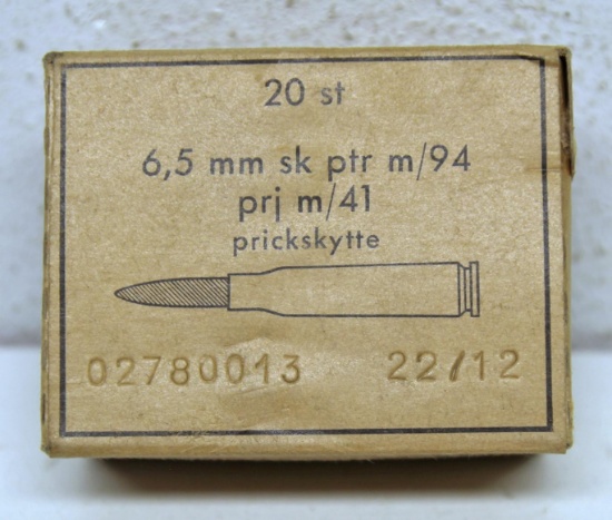Full Sealed Military Box Marked 20 st 6,5 mm sk... ptr m/94 prj m/41 prickskytte...Cartridges