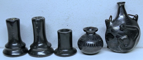 Mixed Lot Navajo Santa Clara Pottery to include Candlesticks, Small Pot, and Canteen with