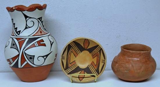 Mixed Lot Navajo Pottery to include Early Santa Clara Pot 5" x 4 1/2" has Rim Chips, Small 5 1/2"