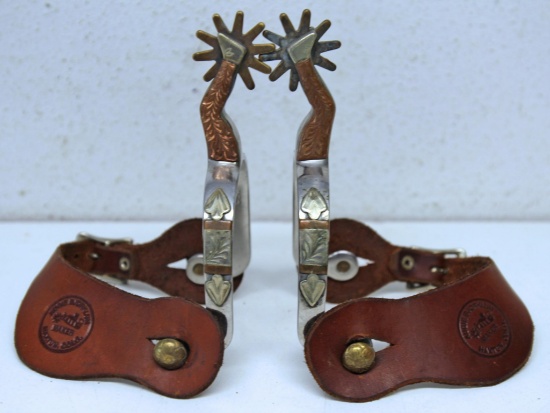 CSC Marked Double Mounted Gal Leg Cowboy Spurs with Augie Bjorklun...Leathers...